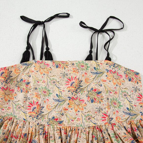 B263 Apricot Floral Print Spaghetti Straps Ruffled Peplum Tank Top - Picture 9 of 13